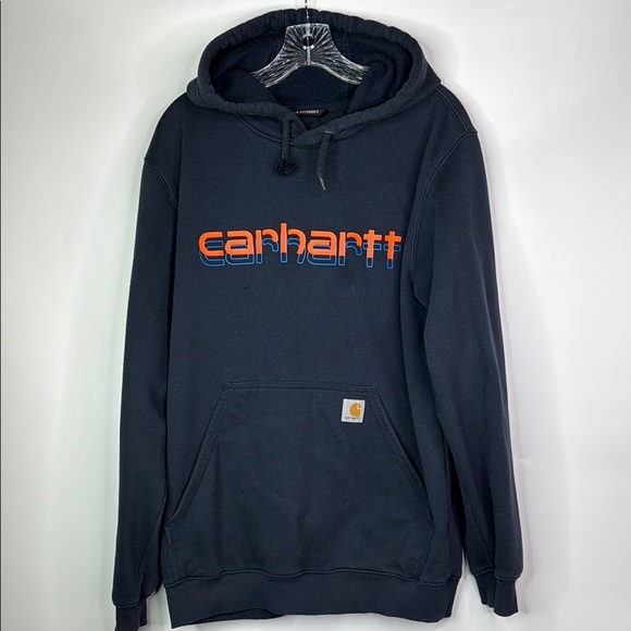 Carhartt Rain Defender Navy Blue Hooded Sweatshirt Loose Fit Medium Grunge - Picture 1 of 12